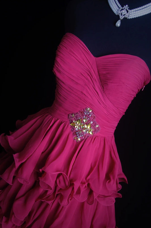 girlhomeshops-Fuchsia Chiffon Sleeveless Floor-Length Tiered Ruffled Evening Gown gh6304