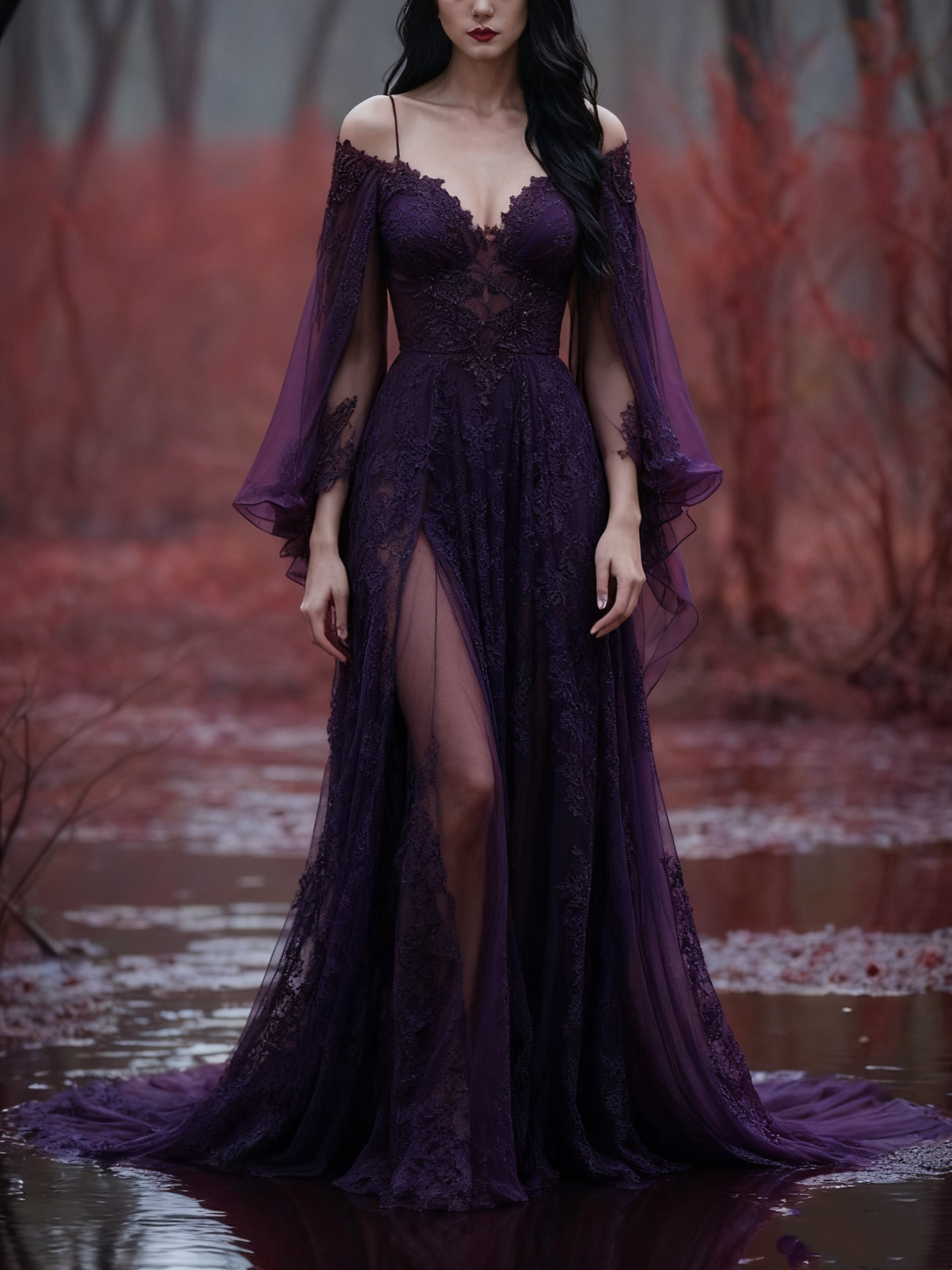 girlhomeshops-Long Sleeves Long Tulle Floor-Length Train Retro Elegant Ball Gown Evening Dress gh5943