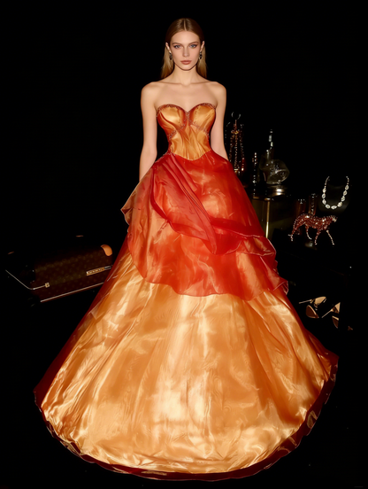Beautiful Orange Tube Top Puffy Princess Long Prom Dress P3455