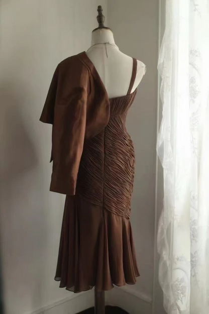 Brown halter-neck, fitted, sexy midi-length ball gown, evening gown gh7119