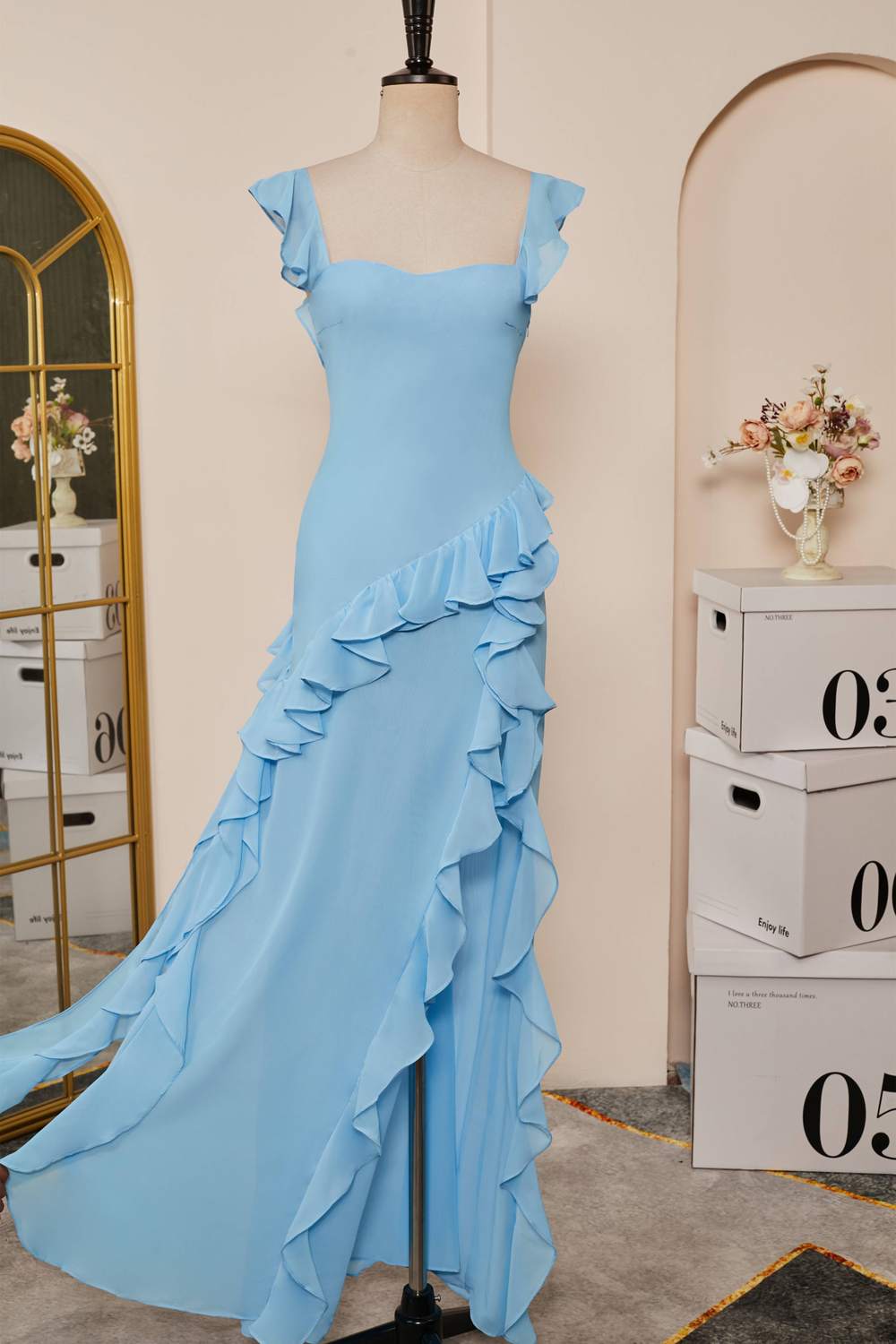Light Blue Flutter Sleeves Ruffled Mermaid Long Bridesmaid Dress with Slit