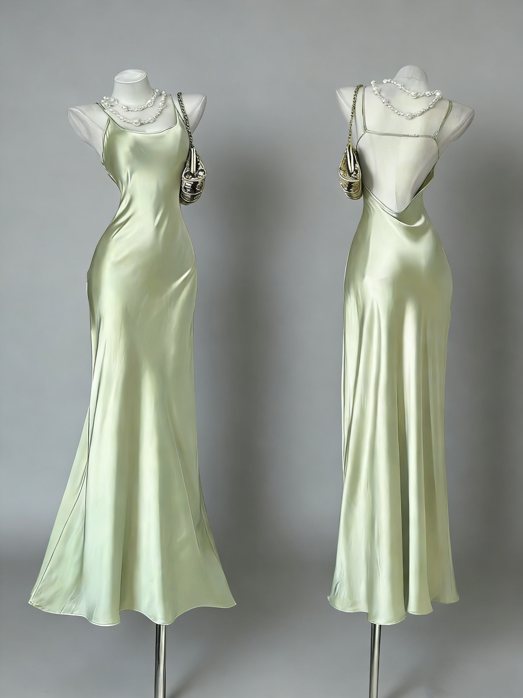 Light Mint Green Spaghetti Strap Gown - Satin Backless Mermaid Date/Light Evening/Vacation Maxi Dress gh6991