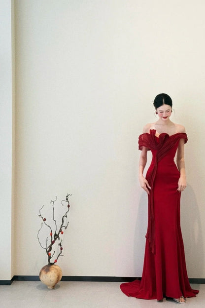 girlhomeshops- Red Off-The-Shoulder Bodycon Satin Floor-Length Ball Gown Prom Dress gh5963