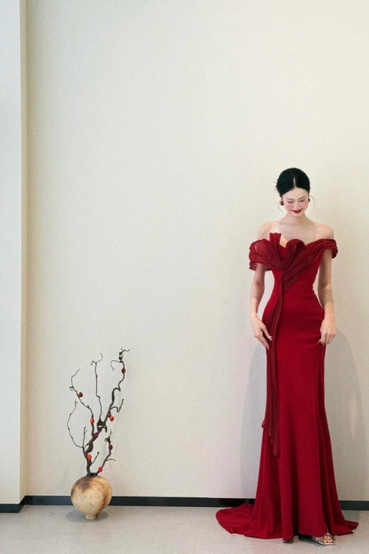 girlhomeshops- Red Off-The-Shoulder Bodycon Satin Floor-Length Ball Gown Prom Dress gh5963
