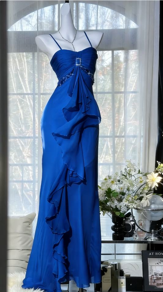 Fresh Green Spaghetti Strap Layered Ruffle Chiffon Long Prom Dress Evening Dress P4818