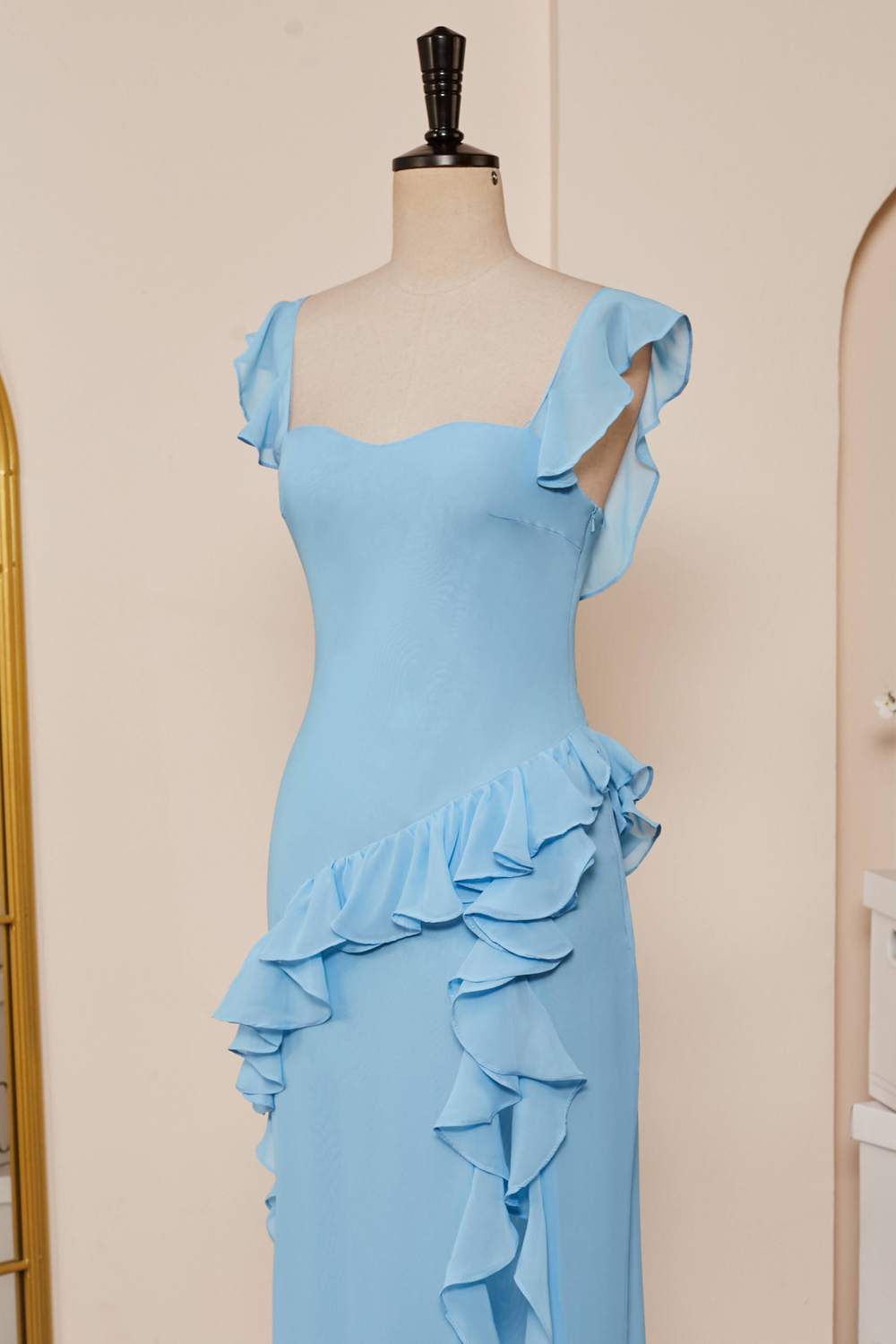 Light Blue Flutter Sleeves Ruffled Mermaid Long Bridesmaid Dress with Slit