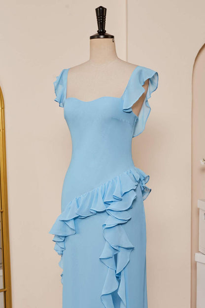 Light Blue Flutter Sleeves Ruffled Mermaid Long Bridesmaid Dress with Slit