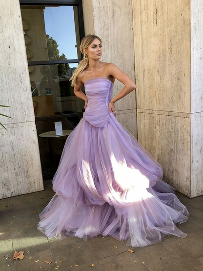 Glamorous Light pink tulle long prom dress P959