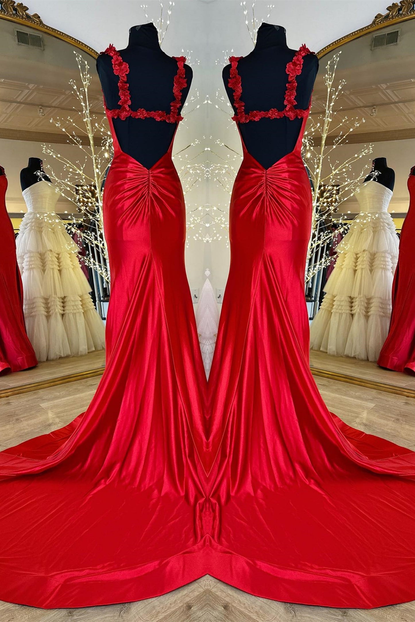 Red Flower Straps Mermaid Satin Long Prom Dress with Slit