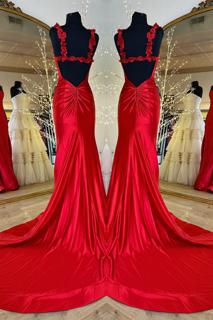 Red Flower Straps Mermaid Satin Long Prom Dress with Slit