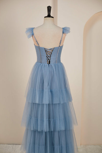 Dusty Blue Flutter Sleeves A-line Multi-Layers Long Bridesmaid Dress with Slit