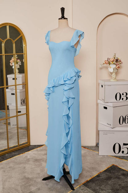 Light Blue Flutter Sleeves Ruffled Mermaid Long Bridesmaid Dress with Slit
