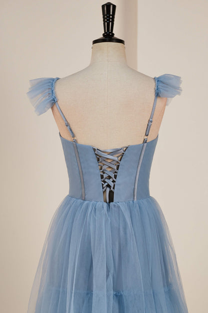 Dusty Blue Flutter Sleeves A-line Multi-Layers Long Bridesmaid Dress with Slit