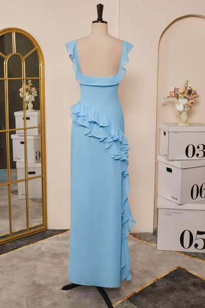 Light Blue Flutter Sleeves Ruffled Mermaid Long Bridesmaid Dress with Slit