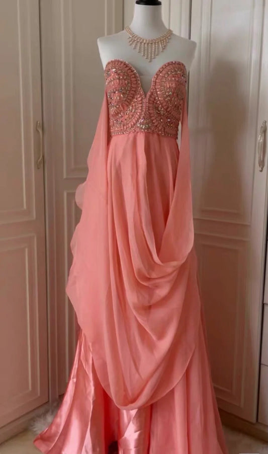 ✨Pink Fantasy Greek Goddess Long Chiffon Ball Gown Evening Gown gh4269