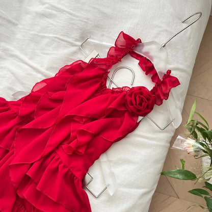 Red floral homecoming dress short chiffon summer beautiful seaside vacation sexy halterneck two piece set gh4561