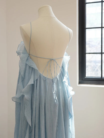 Girlhomeshops-Blue floral halter long backless chiffon party dress wedding guest dress gh5063