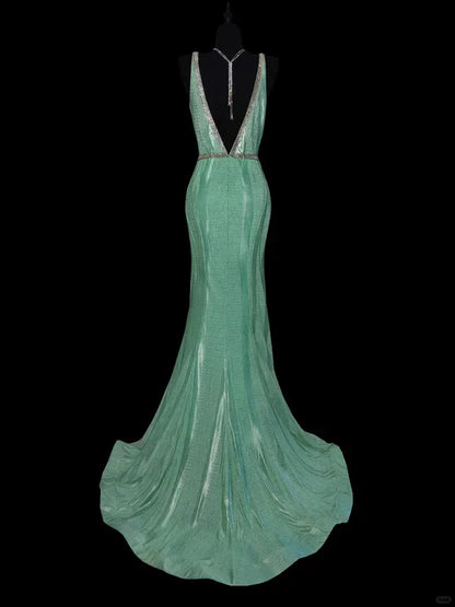 Mint Green Fashion Elegant V-neck Long Mermaid Slim Fishtail Skirt Satin Floor Length Train Ball Gown Evening Gown Party Dress Prom Dress gh3817