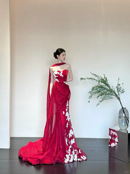 Red Elegant Delicate Floral Fashion Elegant Long Satin Tulle Mermaid Slim Fit Floor Length Trailing Ball Gown Evening Gown Prom Gown gh3733