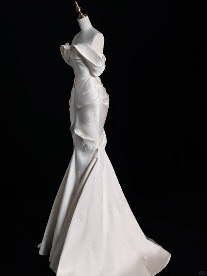 Ivory Elegant Satin Long Mermaid Slim Floor Length Ball Gown Evening Gown Wedding Dress gh4199