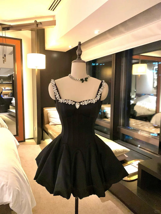 Girlhomeshops-Black short satin princess homecoming dress birthday party dress eighth grade dress gh5298