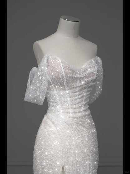 ✨Girlhomeshops-White Sparkling Elegant Mermaid Long Tulle Slimming Prom dress Evening Dress Party Dress gh4991