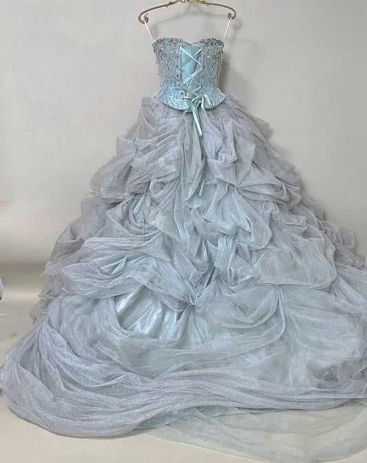 Girlhomeshops-Ice blue gorgeous silver beading fashionable and elegant long layered princess tulle ball gown gh5326