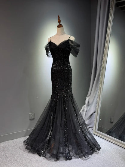 Girlhomeshops -Black shiny mermaid long sequined ball gown evening dress graduation dress gh5112