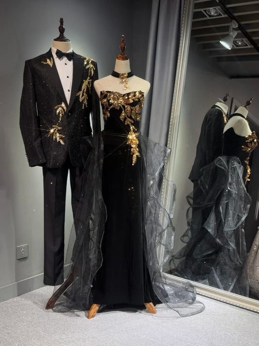 Girlhomeshops -Black shiny elegant long gold sequined tulle trailing ball gown evening gown graduation gown gh5108