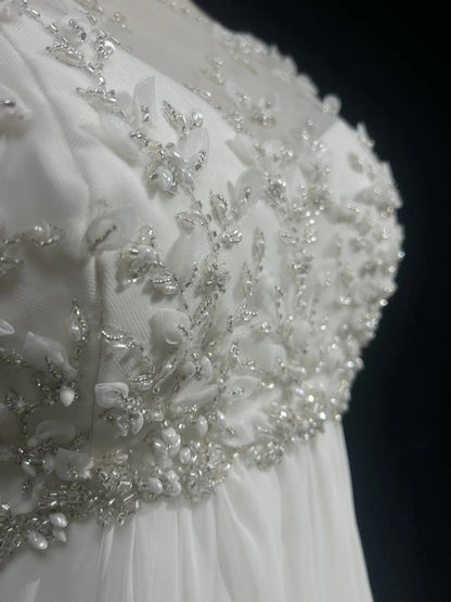 girlhomeshops-White Vintage Beaded Long Tulle Gown/Wedding Dress gh6244
