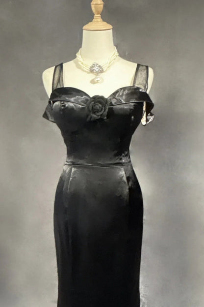 girlhomeshops-Black Satin Lace Long Dress gh6247