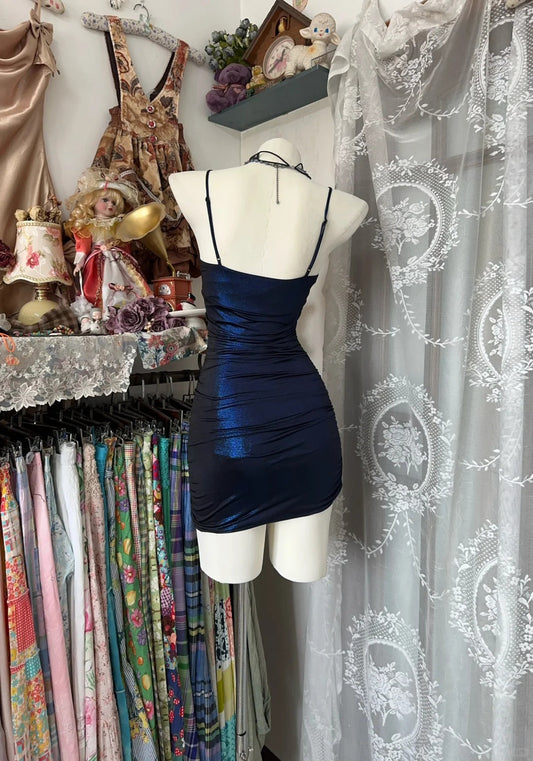 Girlhomeshops-Navy blue shiny vintage short satin tight homecoming dress birthday dress gh5231