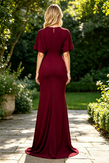 Modest Satin A-Line V-Neck Short Sleeves Mother Of The Bride Dress