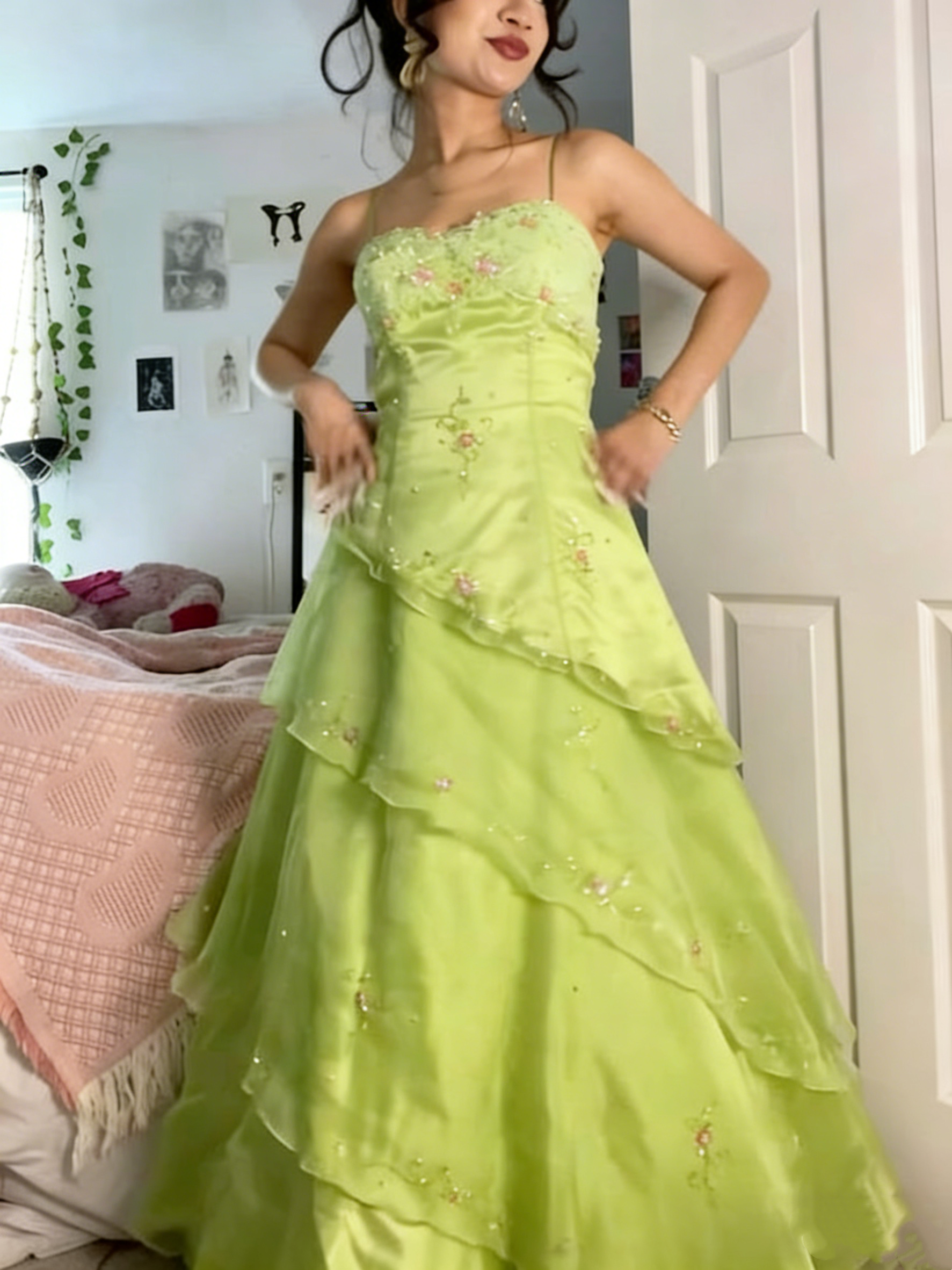 Green floral long tulle dress gh6856