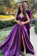 Classy Purple Satin Long Prom Dresses Leg Slit A Line Graduation Dresses