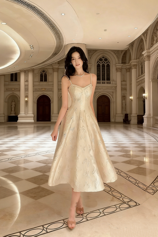 Champagne Jacquard Thin Spaghetti Strap Waist-Cinched Dress - Elegant Gown for Light Evening Events gh6959