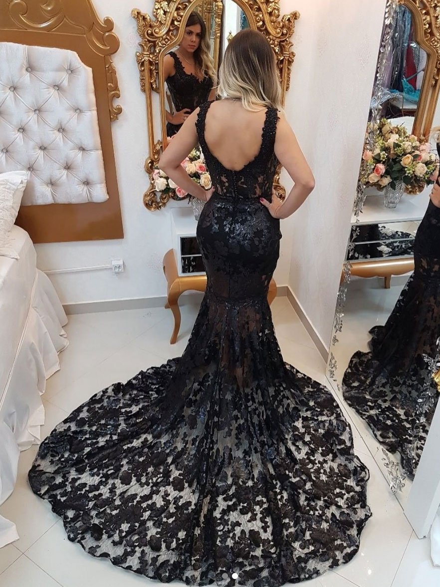 Classy Black Lace Mermaid Prom Gown Open Back Wedding Guest Dress