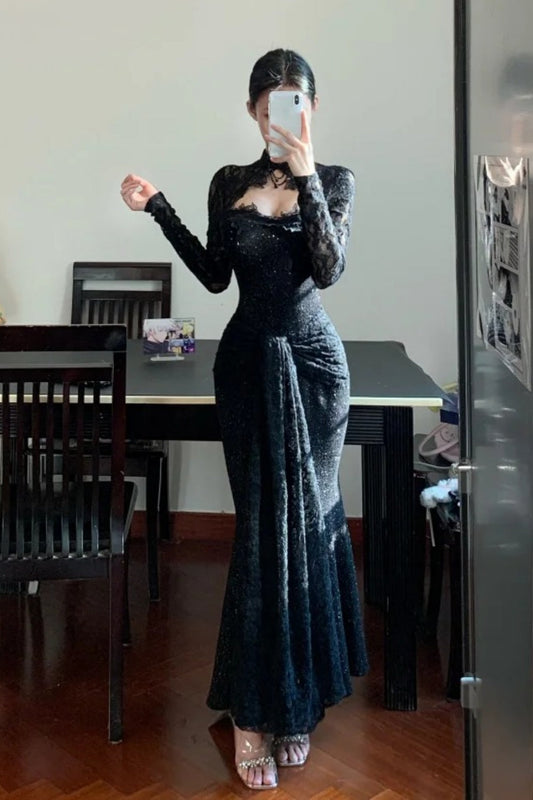 Black long sleeved exquisite lace long elegant Prom dress graduation formal dress gh6629