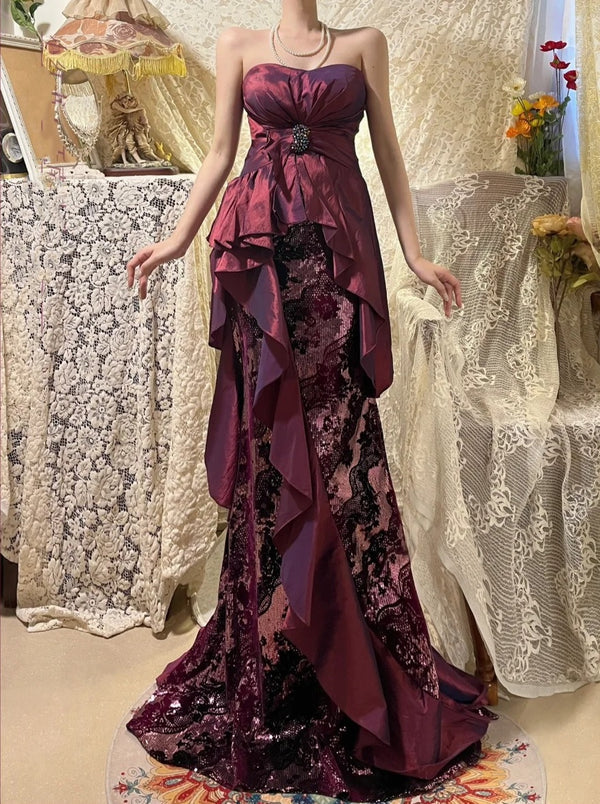 Purple Lace Beautiful Mermaid Long Satin Ball Gown Evening Dress gh4440