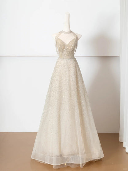 Champagne gold shining elegant tulle long prom dress evening dress party dress gh4870