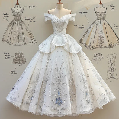 White gorgeous elegant floral beaded applique exquisite long tulle ball gown evening gown wedding dress gh4725