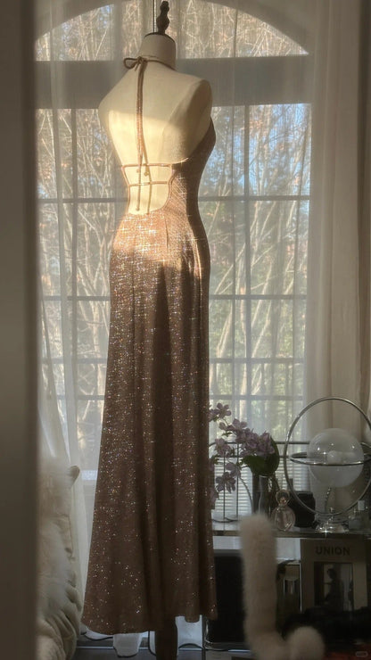 Champagne Gorgeous Shiny Exquisite Beaded Spaghetti Straps V Neck Long Sequined Chiffon Ball Gown Evening Dress Party Dress gh4095