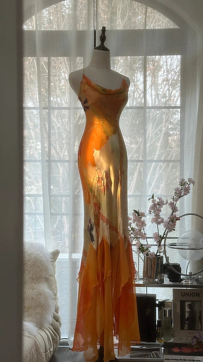 Orange Delicate Floral Spaghetti Strap Long Satin Chiffon Ball Gown Evening Dress Party Dress gh4093