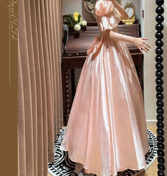 Elegant Pink Satin Puffy Sleeves Beaded A-Line Evening Gown TP5408