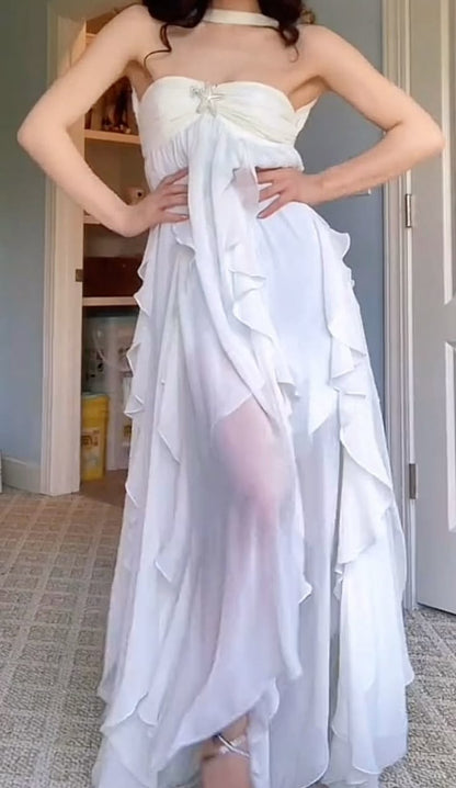 Simple Strapless White Chiffon Prom Dress Sleeveless Evening Dresses P267