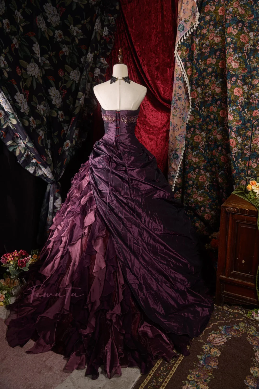 Glamorous Purple Sweetheart Strapless Satin Beaded Ruffled Sweet 15 Quinceanera Ball Gown TP5433