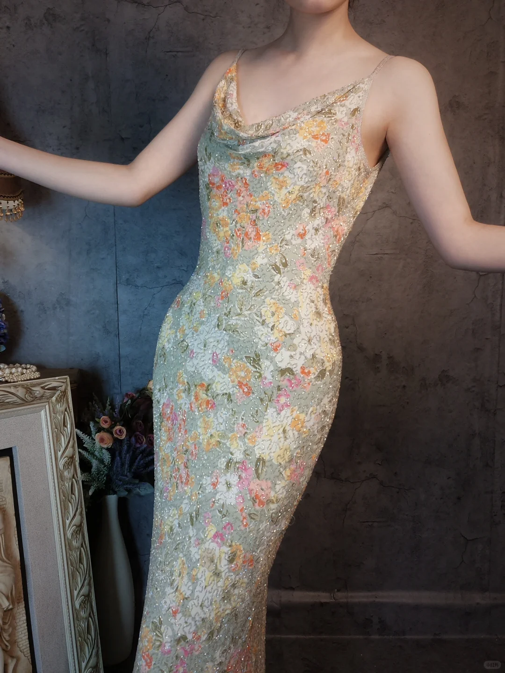 Vintage Floral Spaghetti Strap Sparkling Beaded Design Romantic Chiffon Evening Dress Prom Dress TP4027