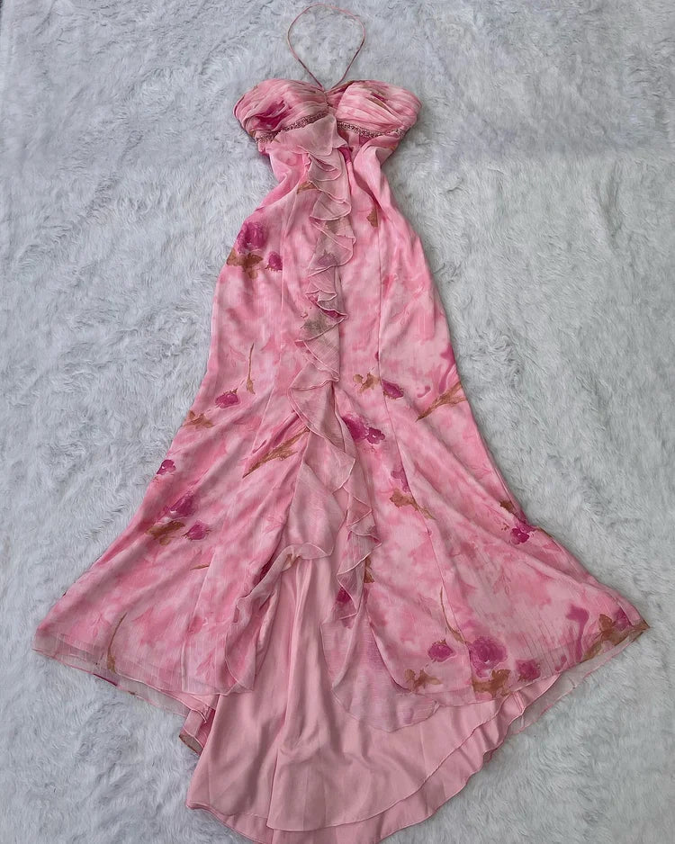 Vintage Pink Floral Prom Dress Sheath Ruffled Evening Dress Halter-neck Formal Dress TP4684