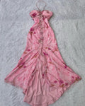 Vintage Pink Floral Prom Dress Sheath Ruffled Evening Dress Halter-neck Formal Dress TP4684