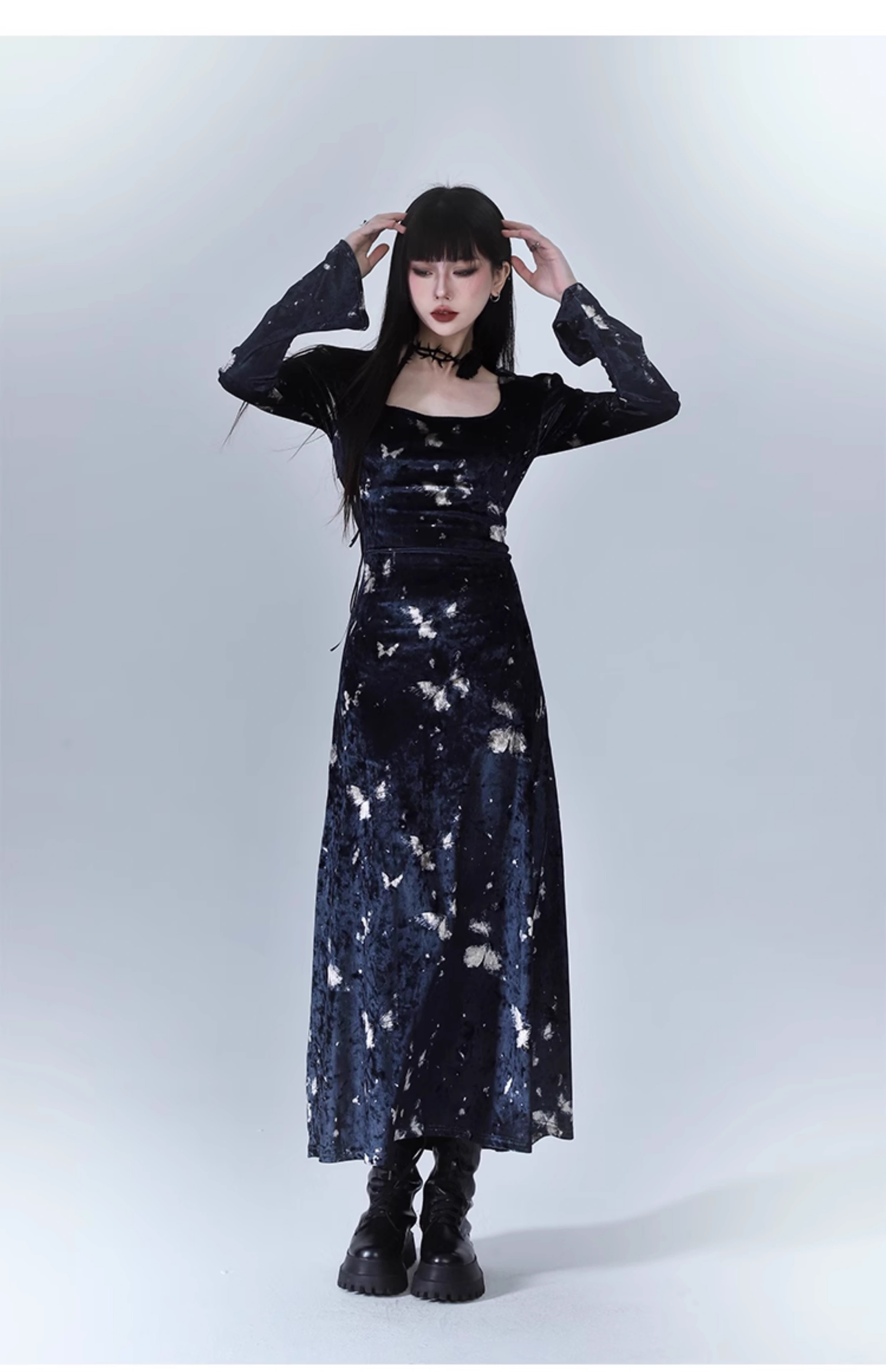 New Fashion Butterfly Pattern Design Sense Navy Blue Long-sleeved Dress TP2939